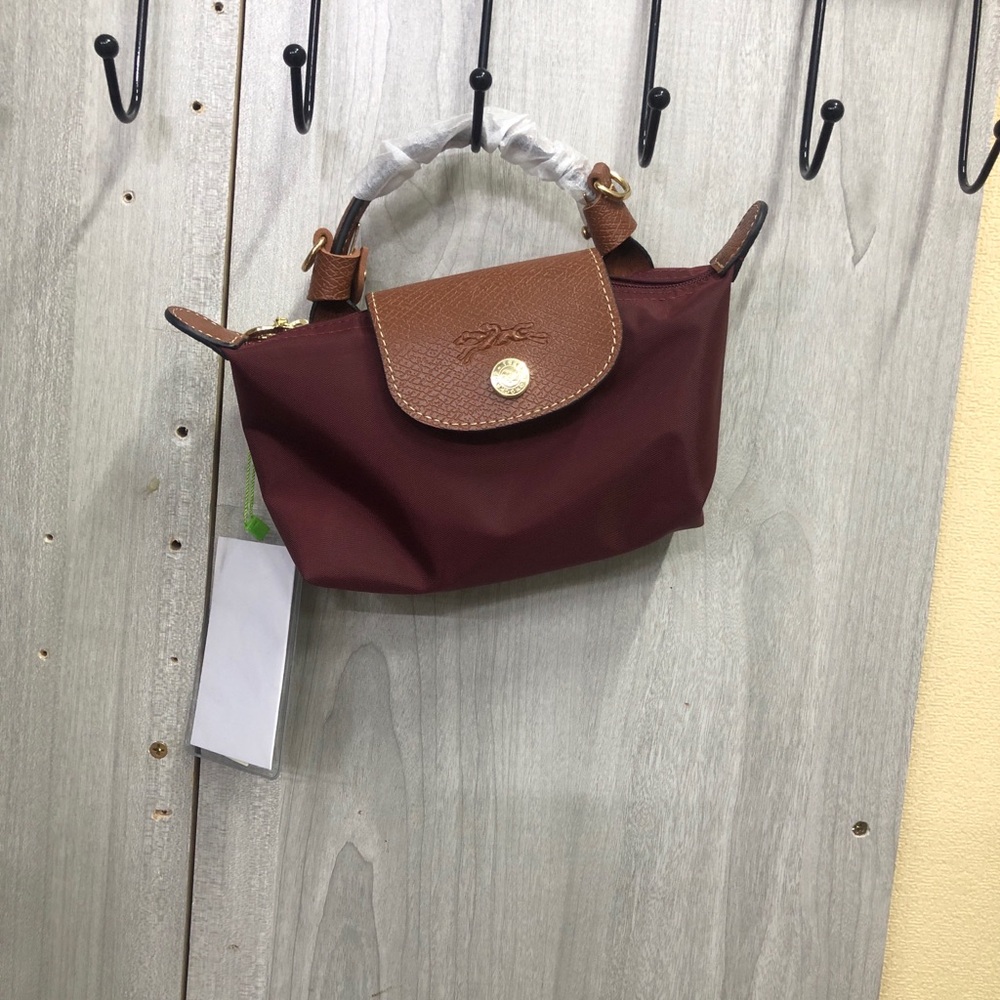 Longchamp Small Top-Handle Mini Bag in Burgundy with Brown Trim
